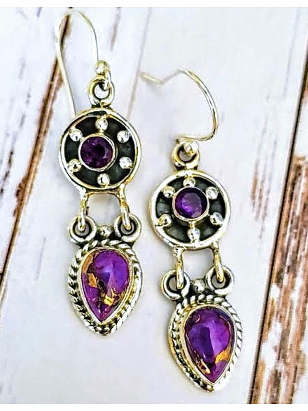Purple Turquoise & Amethyst Sterling Silver Earrings